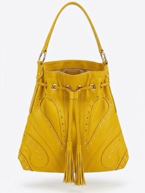 BULGA Mustard Yellow Leather Drawstring Shoulder Bag with Tassels